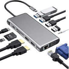 USB хаб Type C 12 в 1 HDMI VGA AUX 3.5 mm SD/TF Card Reader USB Hub 3x3.0 USB C Charging Ethernet LAN RJ 45 PAVLYSH H-9